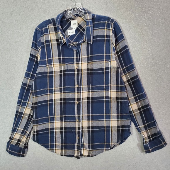 Vans Women Top XL Blue Plaid Flannel Collar Long Sleeve Button Up - Picture 1 of 7